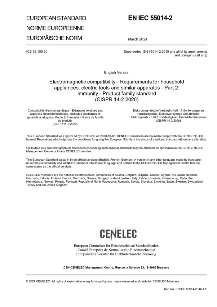 EN IEC 55014-2:2021家用电器、电动工具和类似器具的电磁兼容要求第2 部分:抗扰度