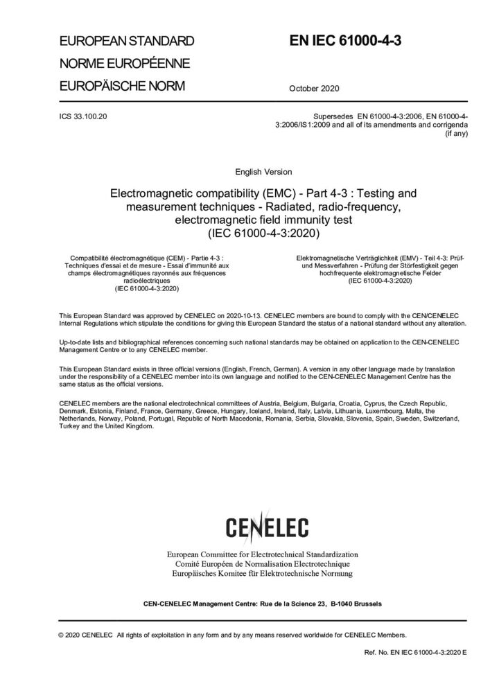 EN IEC 61000-4-3:2020电磁兼容 试验和测量技术 射频电磁场辐射抗扰度试验