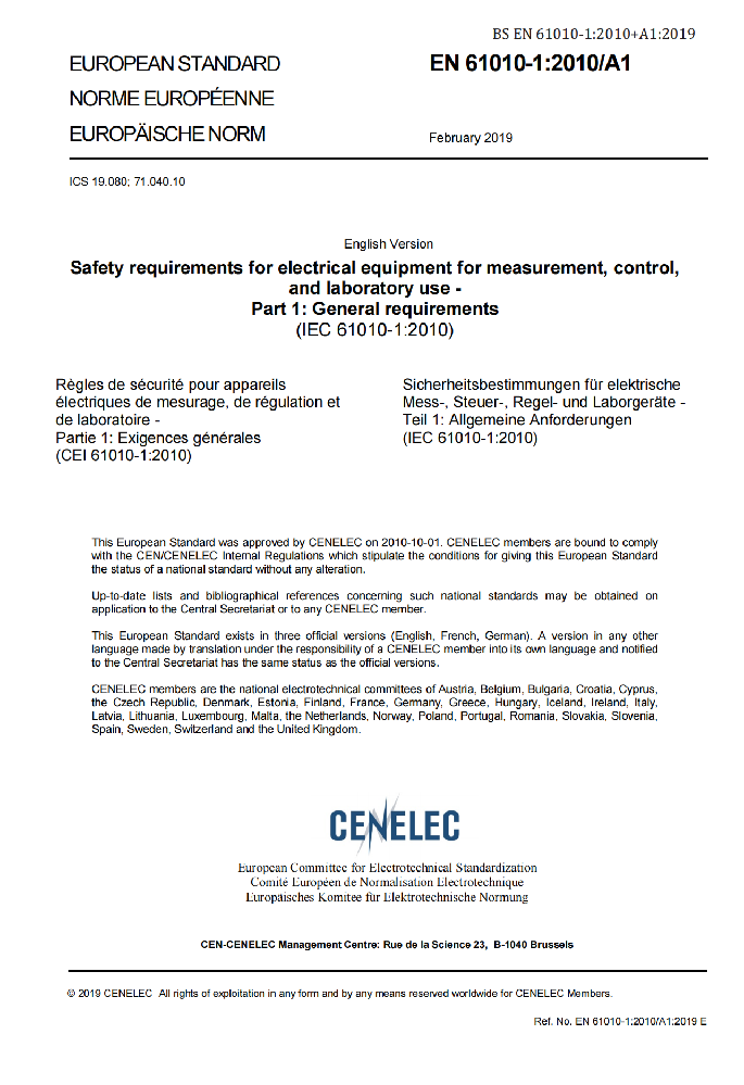 EN 61010-1:2010+A1:2019测量,控制及实验室用电气设备的安全要求第一部分.通用要求