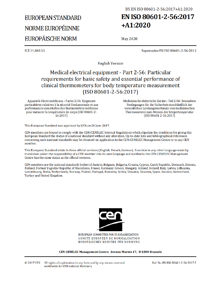 EN ISO 80601-2-56: 2017+A1:2020医用电气设备第2-56部分：体温测量用临床温度计的基本安全和基本性能的专用要求