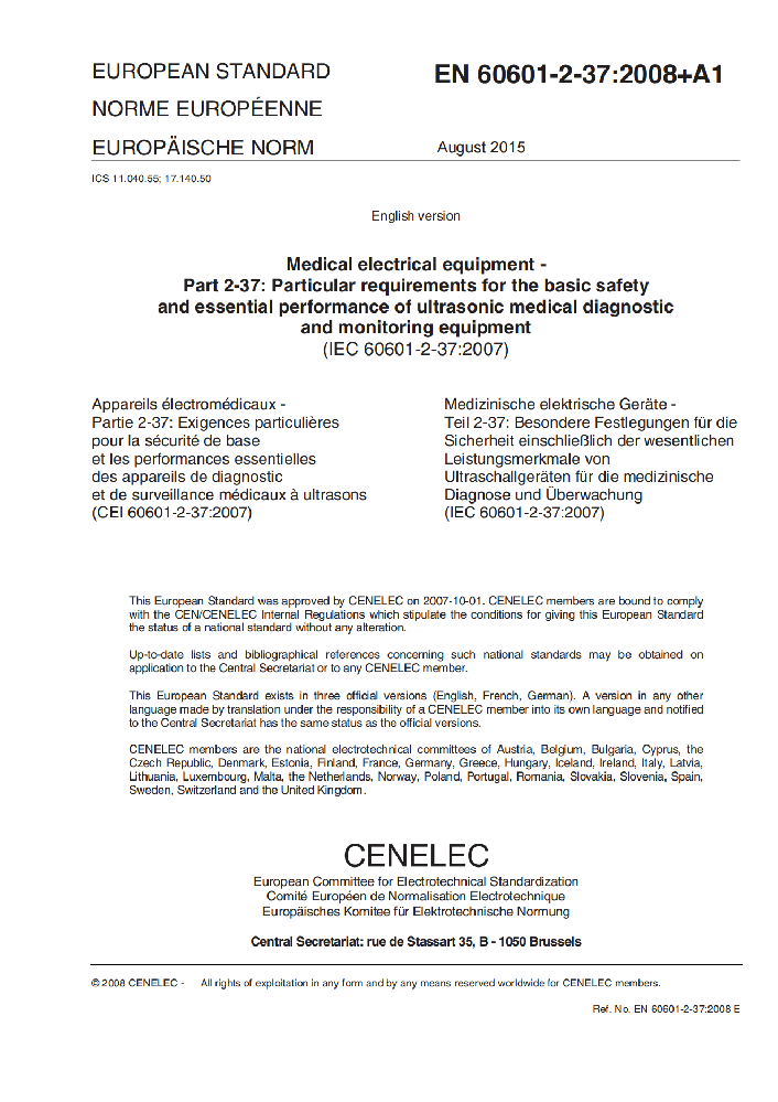 EN 60601-2-37: 2008+A1:2015医用电气设备 第2-37部分：专用要求：超声诊断和监护设备的安全和基本性能