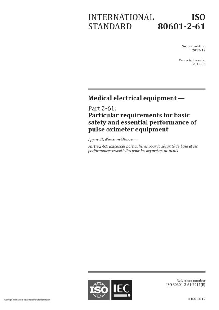 ISO 80601-2-61:2017 医疗电气设备.第2-61部分:脉动光电血氧计设备的基础安全性和基本性能详细要求