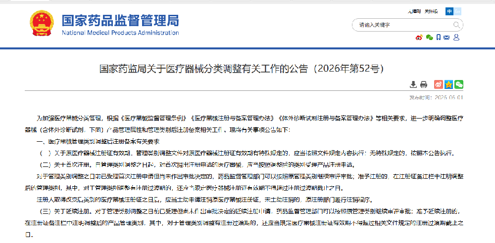 重要！国家药监局发布关于医疗器械分类调整有关工作的公告
